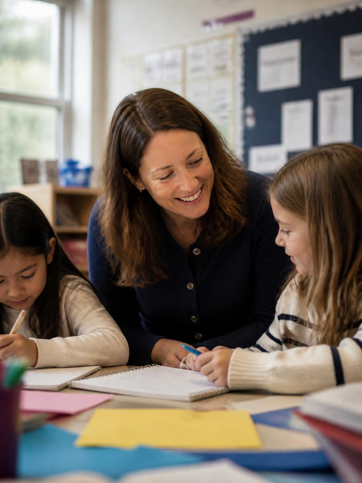 A teacher working alongside two elementary students at a classroom table